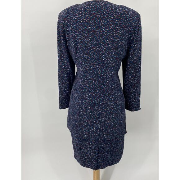 Vintage 80s Silk 2 Skirt Set 2 Piece Polka Dot Blouse/Jacket & Skirt Navy Blue 6 - Picture 7 of 12
